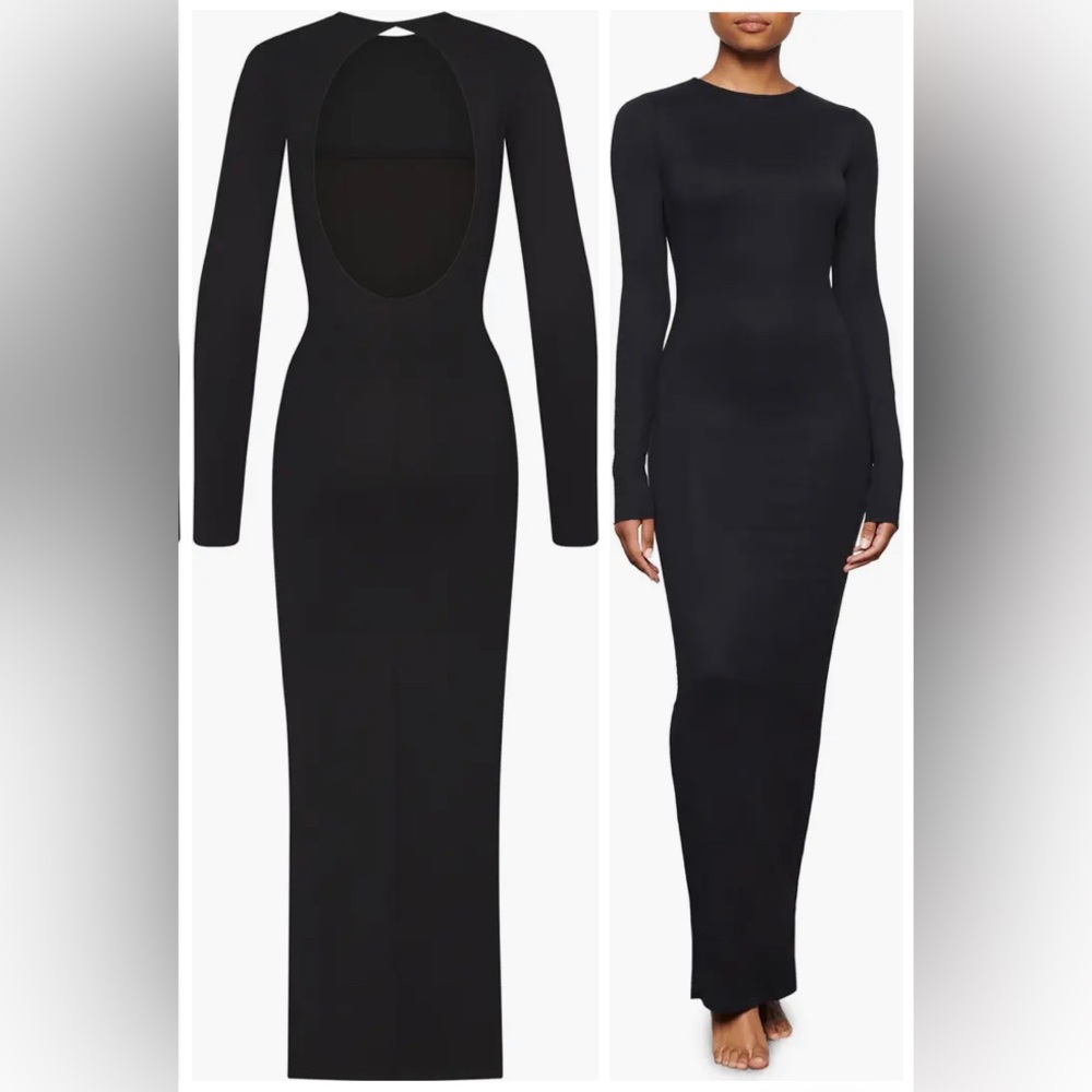 Skims Gray Smooth Lounge Long Sleeve Open Back Maxi Dress